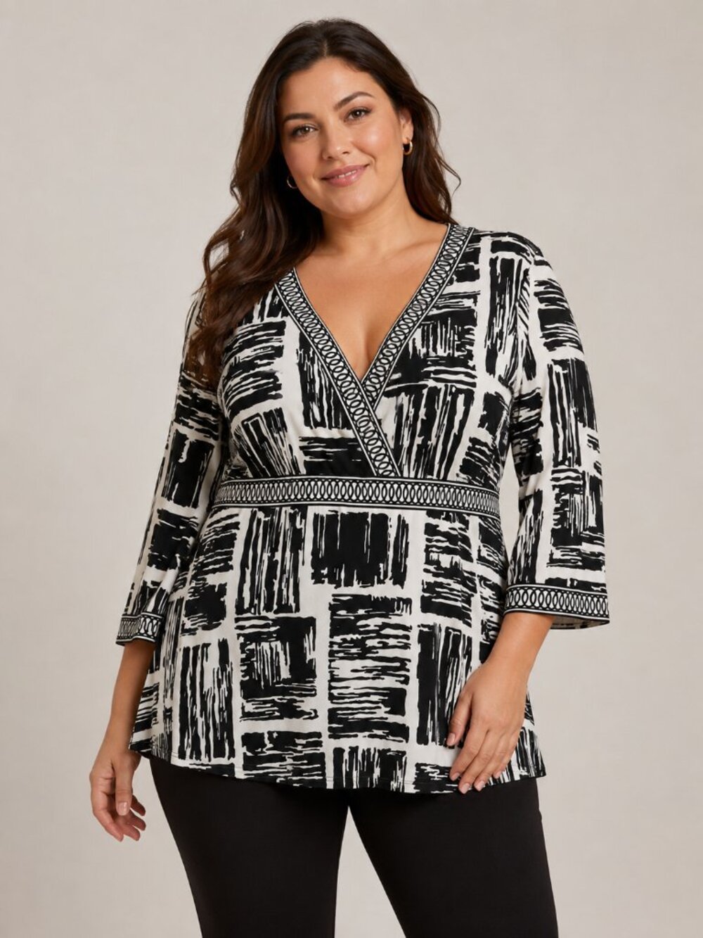 Soft by Avenue Plus Size 30/32 Black White Abstract Geo Print Tunic Top 3/4 Slee
